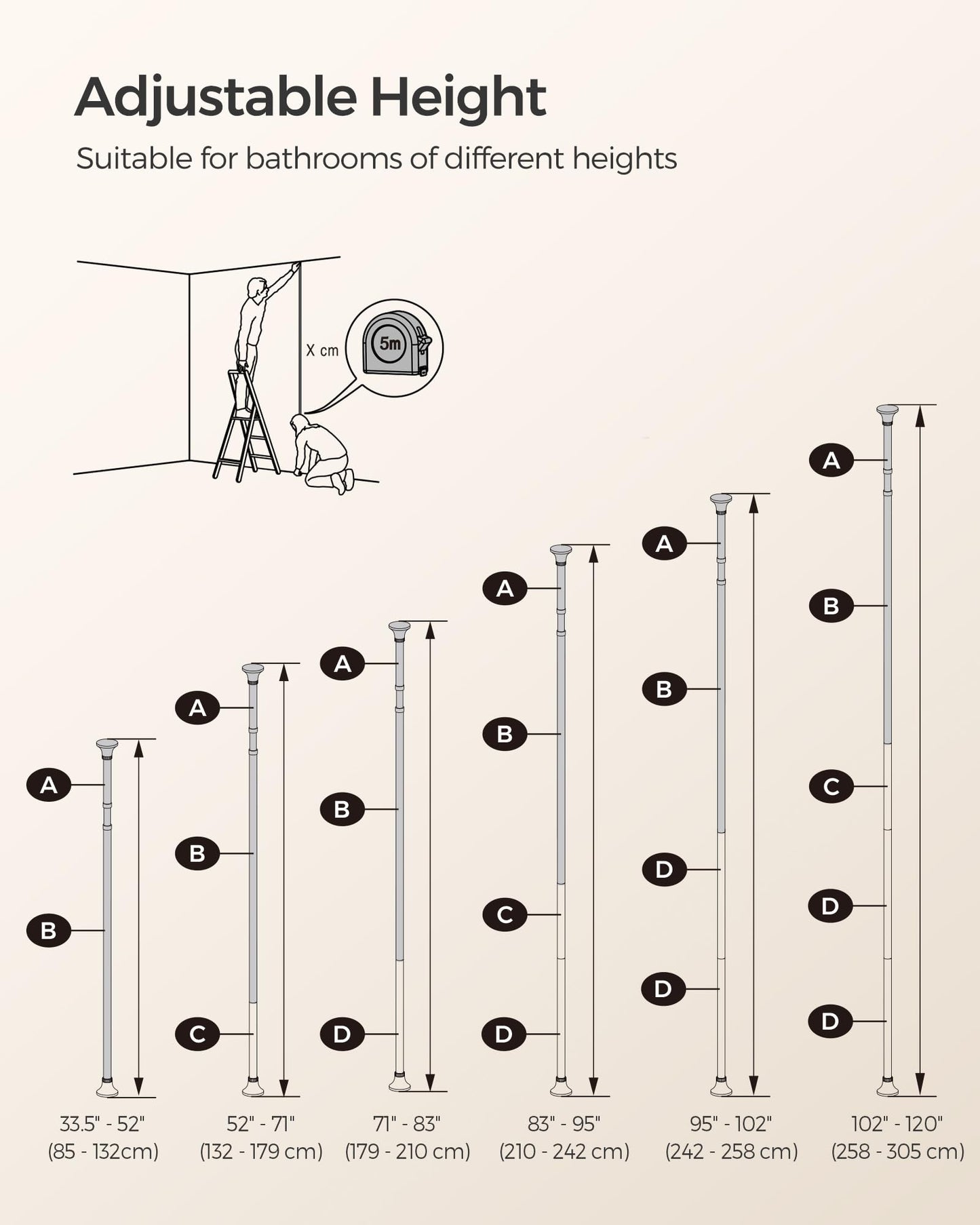 SONGMICS Shower Corner Shelf, 4-Tier Bathroom Shower Shelf, 85-305 cm Adjustable Shower Caddies, Bathroom Organiser, White BCB001A