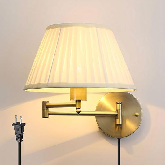 Indoor Wall Sconce Plug in Swing Arm Wall Lamp Bronze Wall Light Fixtures with Beige Fabric Shade Bedside Lights for Bedroom Hallway Study Room Living Room Reading Light