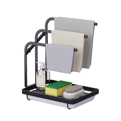 Apsan Sponge Holder with Drain Pan for Kitchen Sink, Kitchen Sink Caddy Organizer for Sponge Brush Soap Dish Dishcloth Rack, Small Black