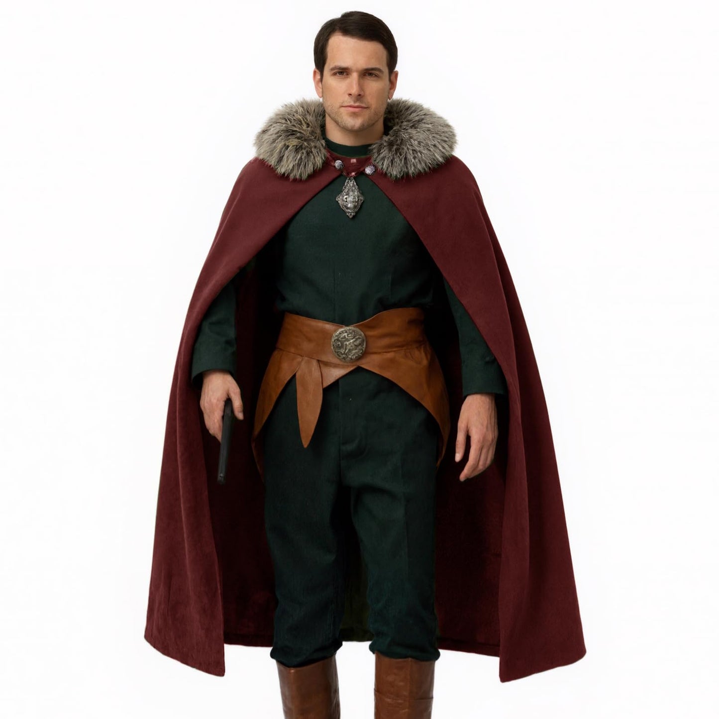 MSOrient Mens Viking Fur Shoulder Cape Brown With Fur Cloak Medieval King Cape Costume Halloween LARP Cosplay (S, Red)