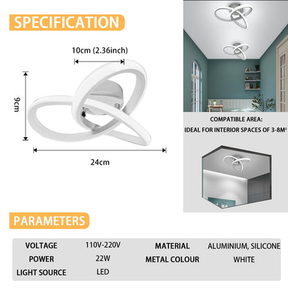 EIDISUNY Ceiling Light LED Lamp 2 Rings Creative Personality Nordic White Ceiling Lighting for Entrance Hallway Lights Ceiling Living Room Cool White Light 22W - White, Cold White Light 6000K