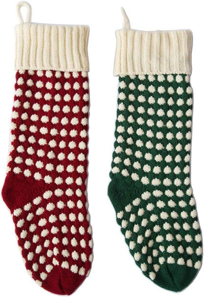 Guojanfon Christmas Stockings ，18" Unique Burgundy and Green Knit Christmas Stockings Dots Style (Length 18",Pack 2)