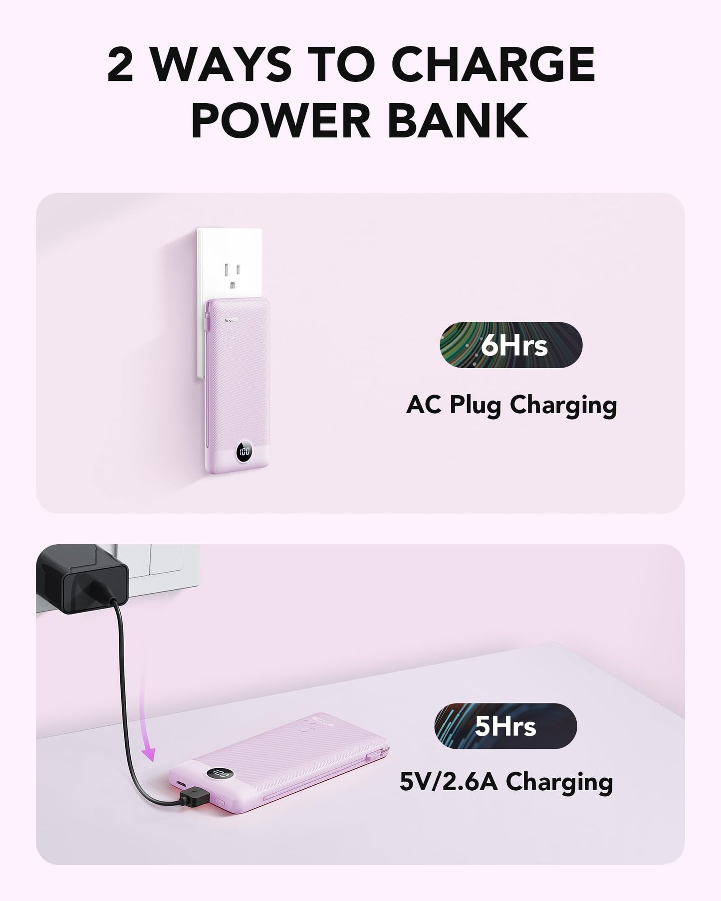 VRURC Portable Charger Built-in Cables and AC Wall Plug, USB C Power Bank 10000mAh, Travel Essentials Phone Charger Compact Lightweight External Battery Pack for Smart Phones, Tablets etc-Pink