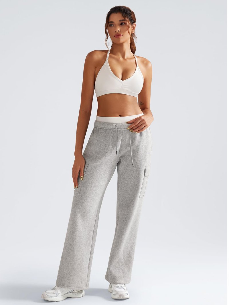 YEOREO Sweatpants Womens Cargo Pants Fleece Lined Wide Leg Joggers Baggy Drawstring Nairi Sweat Pants with Pockets Slate Gray M