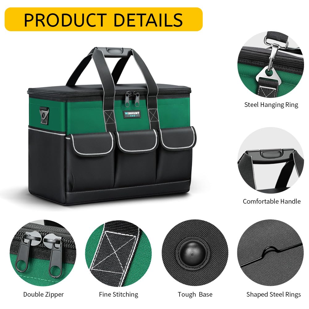 WINHUNT Tool Bag, 19-inch Wide Mouth Tool Organisers, 600 Denier with 6 Interior 8 Exterior Pockets Large Tool Bag for Home DIY & Equipment Storage, Green and Black (19 inch)