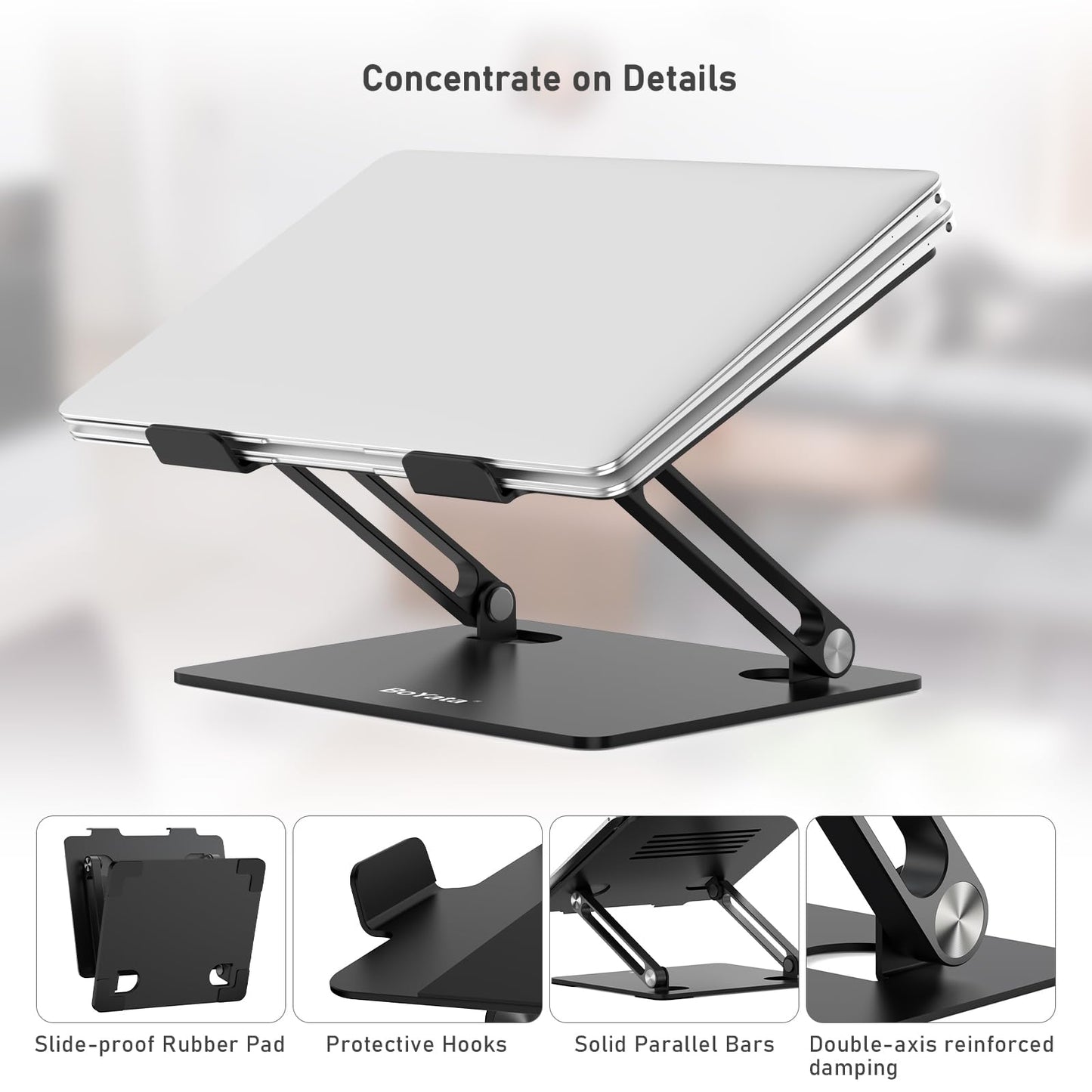 BoYata Laptop Stand, Adjustable Laptop Riser with Slide-Proof Silicone and Protective Hooks, Laptop Stand for Laptop up to 17 Inches, Laptop Holder Compatible for MacBook, Laptop-Black