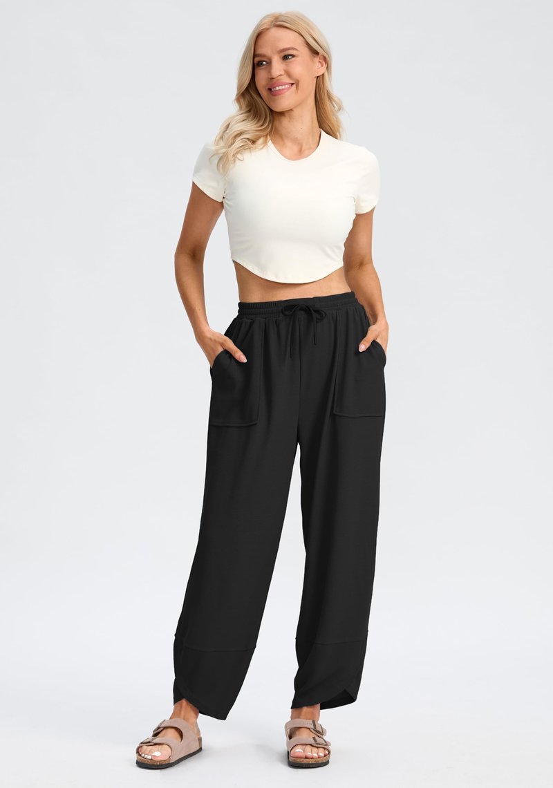 SANTINY Wide Leg Pants Woman Baggy Lightweight Waffle Knit Casual Drawstring Elastic Waisted Palazzo Harem Pants with Pockets (Black_XL)