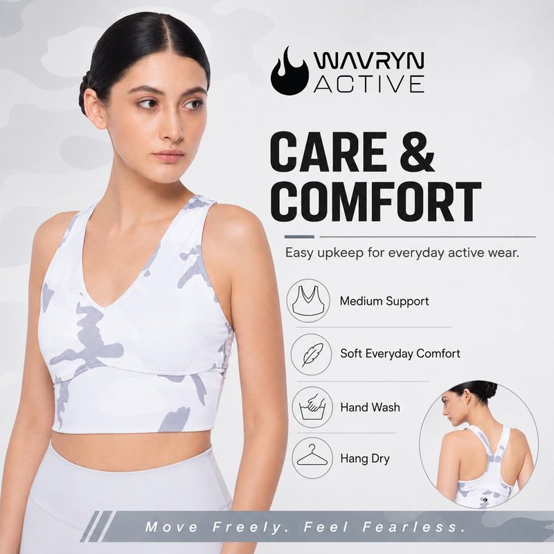 WAVRYN ACTIVE Women's Camo Sports Bra Top Medium Support Cross-Back Workout Bra for Gym, Yoga, Fitness - M, Grey-White