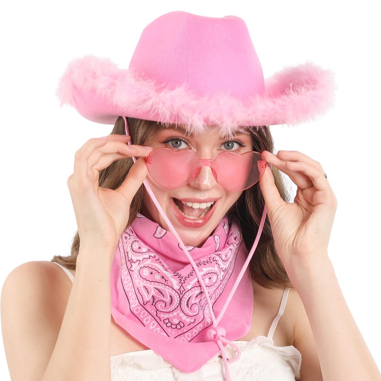 Pink Cowgirl Hat with Bandana and Heart Glasses - Pink Cowboy Hat for Women, Teen Girls - Fun Novelty Cow Girl with Feathers - Wild West Cowgirl Costume Outfit Accessory for Halloween Party