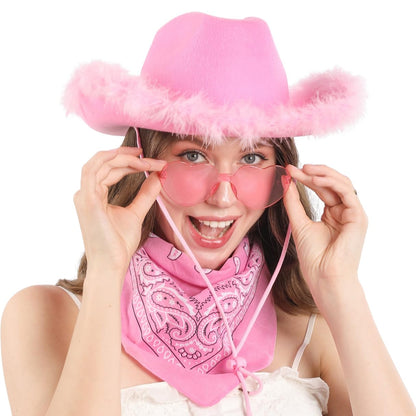 Pink Cowgirl Hat with Bandana and Heart Glasses - Pink Cowboy Hat for Women, Teen Girls - Fun Novelty Cow Girl with Feathers - Wild West Cowgirl Costume Outfit Accessory for Halloween Party