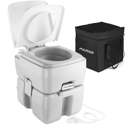 Alpcour Portable Toilet – Compact Indoor & Outdoor Commode w/Travel Bag for Camping, RV, Boat – Piston Pump Flush, 5.3 Gallon Waste Tank, Built-In Pour Spout & Washing Sprayer for Easy Cleaning