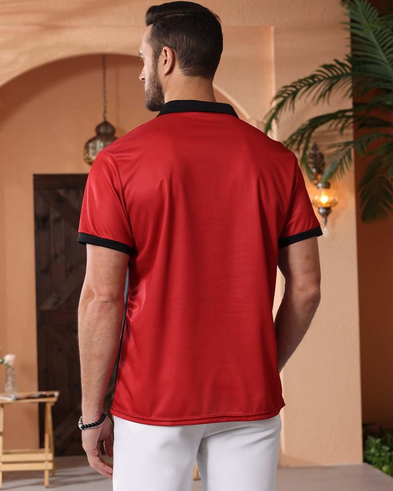 Mens Fashion Color Block Polo Shirts Casual Short Sleeve T Shirt Striped Moisture Wicking Golf Shirts Tops Red