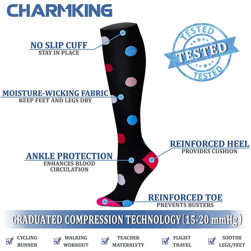 CHARMKING Compression Socks for Women & Men (8 Pairs) 15-20 mmHg Graduated Copper Support Calf Socks are Best for Pregnant, Nurses - Boost Performance, Circulation, Knee High Wide Calf(L/XL, Multi 20)