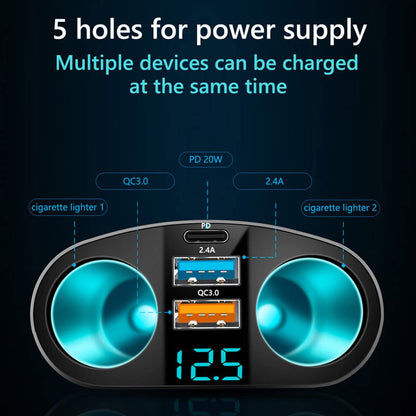 Cigarette Lighter Adapter USB C Car Charger, QC3.0 & PD Cigarette Lighter Splitter with LED Voltmeter, 12V/24V Car USB Outlet Socket Splitter Fast Charging for Phones GPS Vehicle Devices