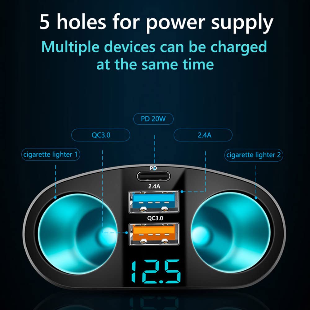 Cigarette Lighter Adapter USB C Car Charger, QC3.0 & PD Cigarette Lighter Splitter with LED Voltmeter, 12V/24V Car USB Outlet Socket Splitter Fast Charging for Phones GPS Vehicle Devices