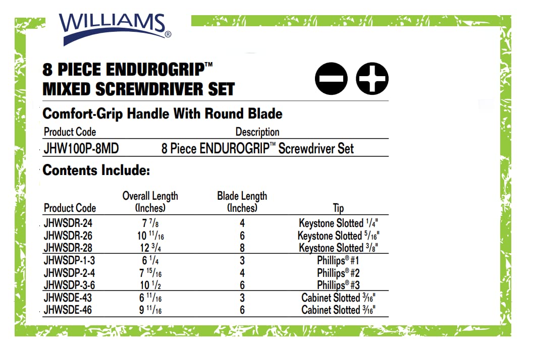 Williams Jhw100P-8Md 8-Piece Endurogrip Mixed Screwdriver Set