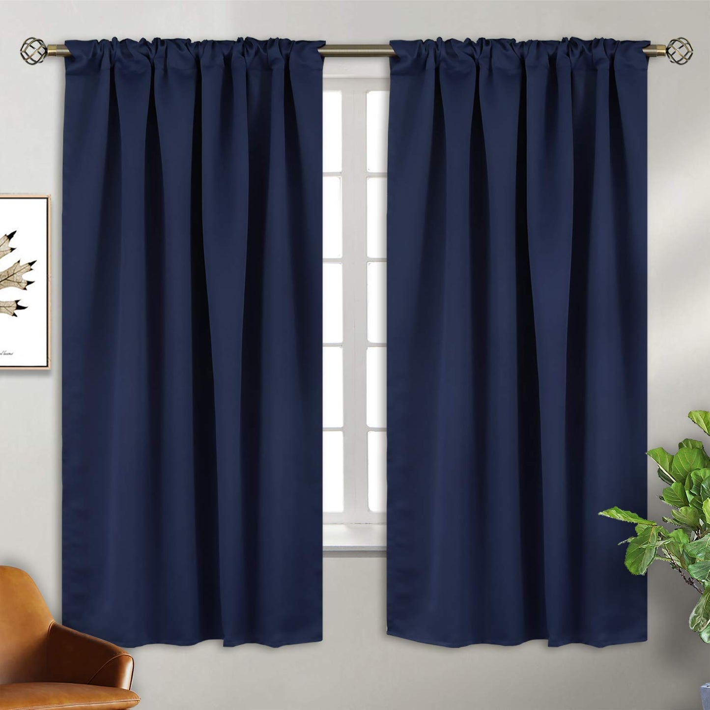 BGment Rod Pocket and Back Tab Blackout Curtains for Bedroom - Thermal Insulated Room Darkening Curtains for Living Room, 42x63 inch, 2 Window Curtain Panels, Navy Blue