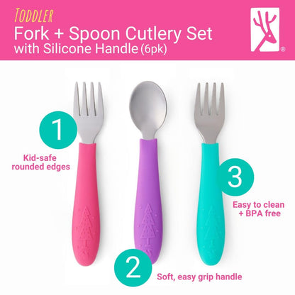 Elk and Friends Kids Silverware with Silicone Handle | Childrens Safe Flatware | Toddler Utensils | Baby Spoons + Forks | Stainless Steel Cutlery