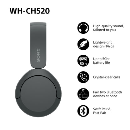 Sony WH-CH520 Wireless Bluetooth On-Ear Headphones, Lightweight Design, Up to 50hr Battery Life, Quick Charge, EQ, Clear Call Quality, iOS & Android - Black