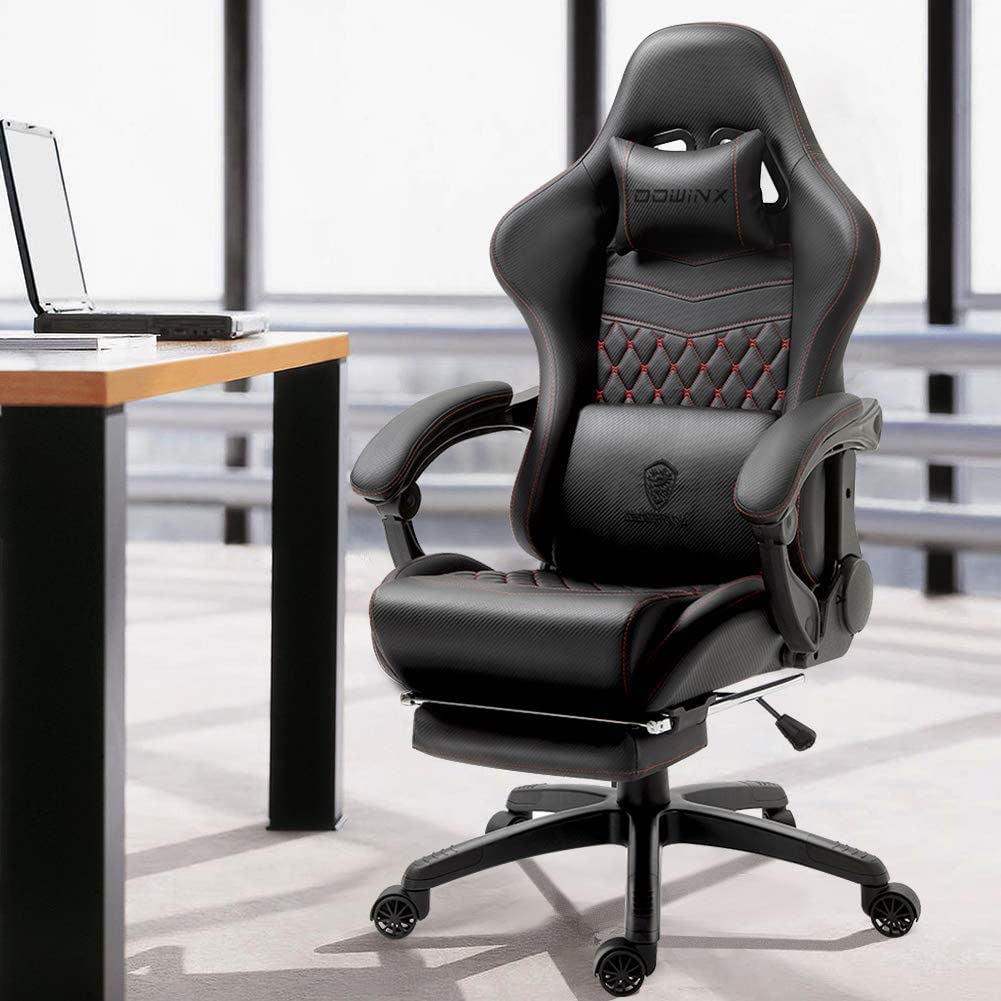 Dowinx Gaming Chair Big and Tall, Ergonomic Game Chair for Adults with Footrest and Massage Lumbar Support, High Back Computer Gamer Chair PU Leather, 350Lbs, for Office, Home, Black