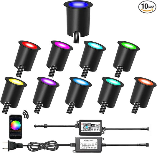 Smart LED Deck Lights Kit WiFi Controlled Color Changeable,Φ1.38“Outdoor IP67 Waterproof Low Voltage Step Lights with Protecting Shell,Works with Samrt Phone,Alexa,Google Home(10 Pack,WiFi)