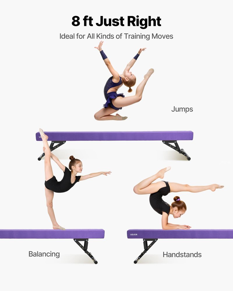 VEVOR Adjustable Balane Beam for Kids, 8FT Gymnastics Beam, High and Low Floor Beams of 5 Adjustable Heights for All Gymnastic Levels, Professional Gymnastic Equipment for Home and Gym Center, Purple