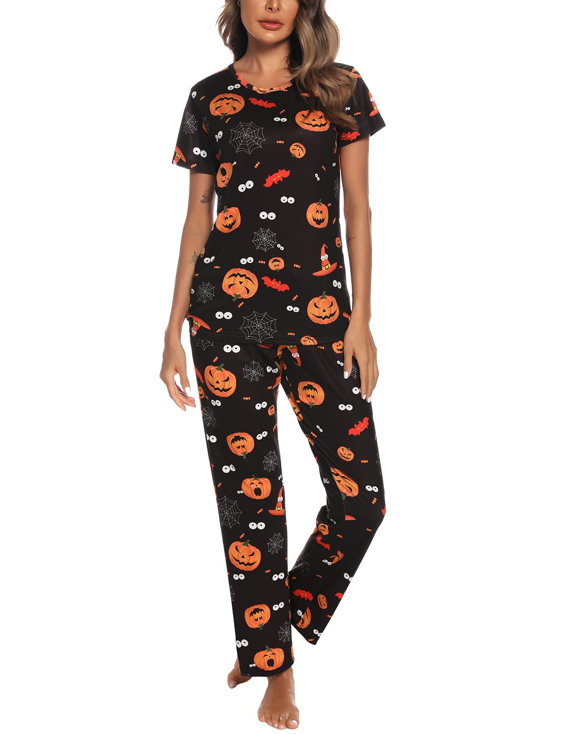 EISHOPEER Women's Halloween Pajama Set Printed Short Sleeve Top & Long Pants Sleepwear Pjs Sets Black XS