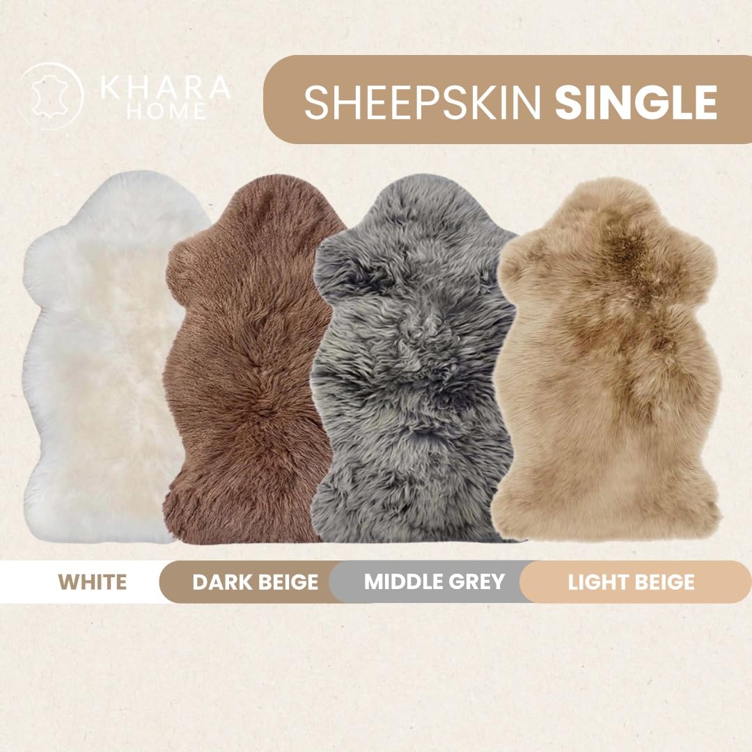 Khara Home Octo Sheepskin Area Rug 6x6 Ft – 100% Genuine Long Hair Lambskin – Premium Soft & Fluffy Light Beige Rug for Bedroom or Living Room – Made in Argentina