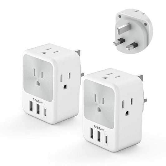 UK Travel Plug Adapter 2 Pack, TESSAN US to UK Power Adaptor with 4 Outlets 3 USB Charger (1 USB C Port), Type G Plug for USA to Ireland Scotland England British Dubai