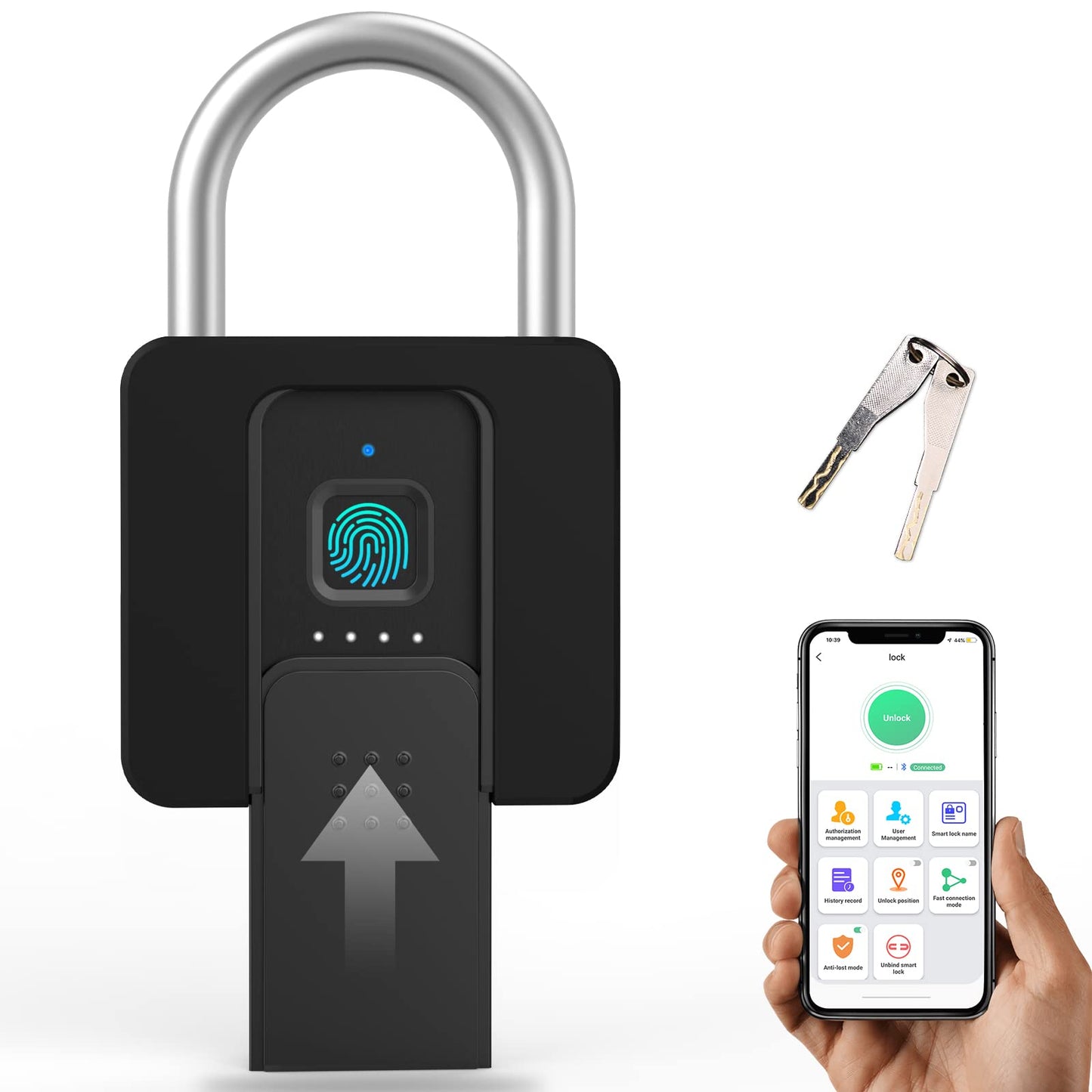 Fingerprint Padlock, Eseesmart Large Size Smart Padlock, Outdoor Waterproof Bluetooth Fingerprint Lock with Mobile APP and Keys, Suitable for Gates, Lockers, Fences, Gym