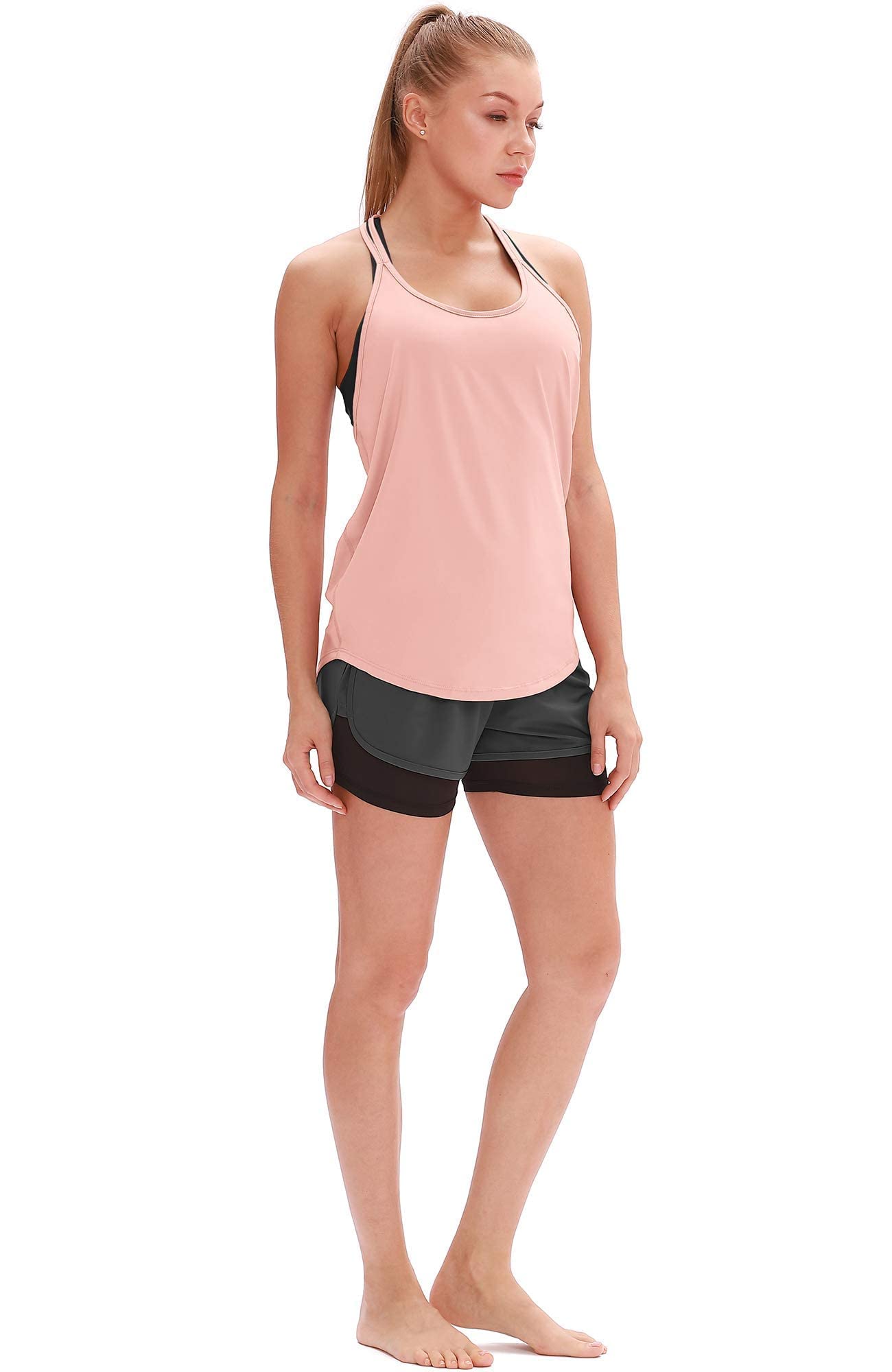 icyzone Workout Tank Tops for Women - Athletic Yoga Tops, T-Back Running Tank Top(Pack of 2) (S, Dusk Blue/Pale Blush)