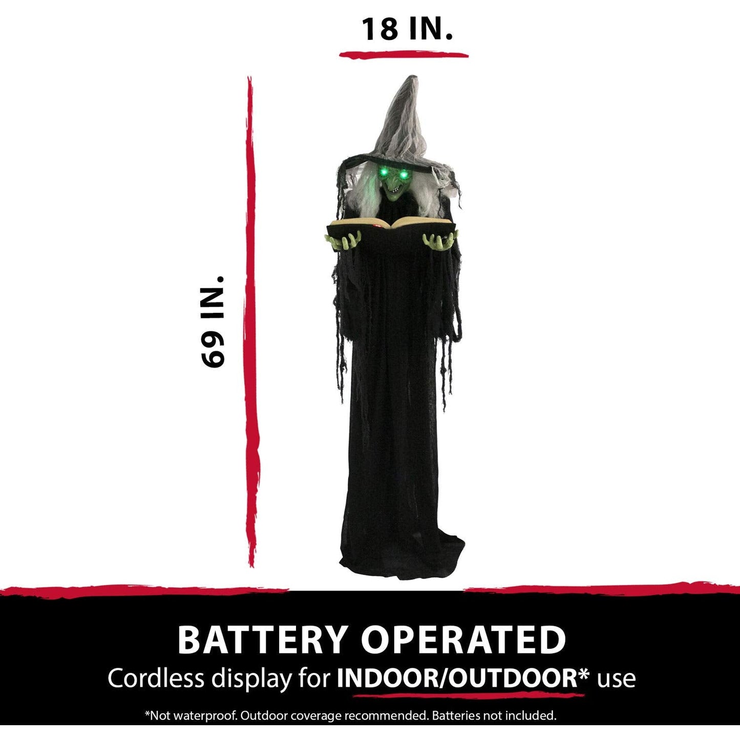 Haunted Hill Farm Life-Size Talking Witch Holding Spell Book, Halloween Animatronic with Touch Activated Lights and Sound, Poseable, Battery Operated Indoor or Covered Outdoor Halloween Decorations