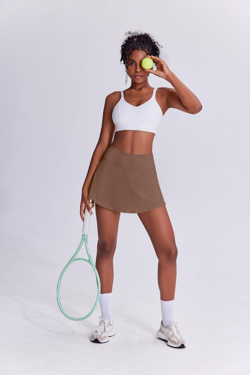 PINSPARK Women Tennis Skirt Skorts for Women with Pockets Pleated Golf Skirts with Pocket Pickleball Skort,Brown Small