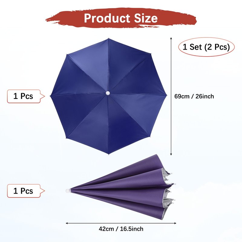 TIXIPEM 26" Headband Umbrella Hat [2 Pcs] - Hand Free Foldable Umbrella Cap Sun Hat Use for Fishing & Gardening & Golf & Camping - [Navy Blue+Purple] Silver Coating Top Outdoor