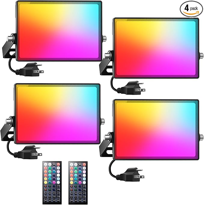 Onforu LED Flood Light Outdoor 700W Equiv, 70W Color Changing RGBW 2700K Floodlight with Remote, Stage Lighting Uplights for Events, IP66 Uplighting Outdoor Spotlight Floor Light for Halloween 4 Pack