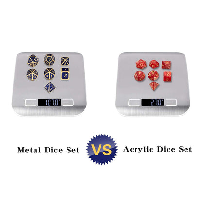 DnDnD Heavy Polyhedral Metal Dice Set with Metal Box, 7-die Shiny Blue Surface with Golden Number for RPG,Dungeons and Dragons,Pathfinder,Shadowrun,D&D,Role Palying Game and Math Teaching