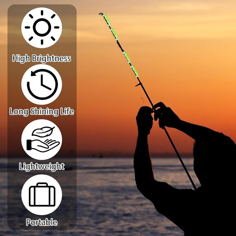 Fishing Glow Sticks - 200PCS Mini Green Rod Tip Lights for Night Fishing | Includes 40 Attachments Clips