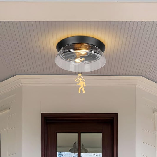 Motion Sensor Outdoor Ceiling Light, Black Modern Flush Mount Light Fixture with Clear Glass, Farmhouse Waterproof Ceiling Light for Porch, Patio, Hallway, Entryway, Garage (2 Blub Needed)