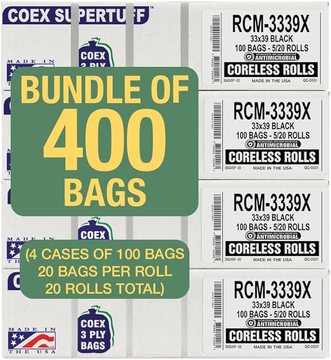 Aluf Plastics - COEX 3 Ply Garbage Bags, 33 Gallon, 1.5 Mil