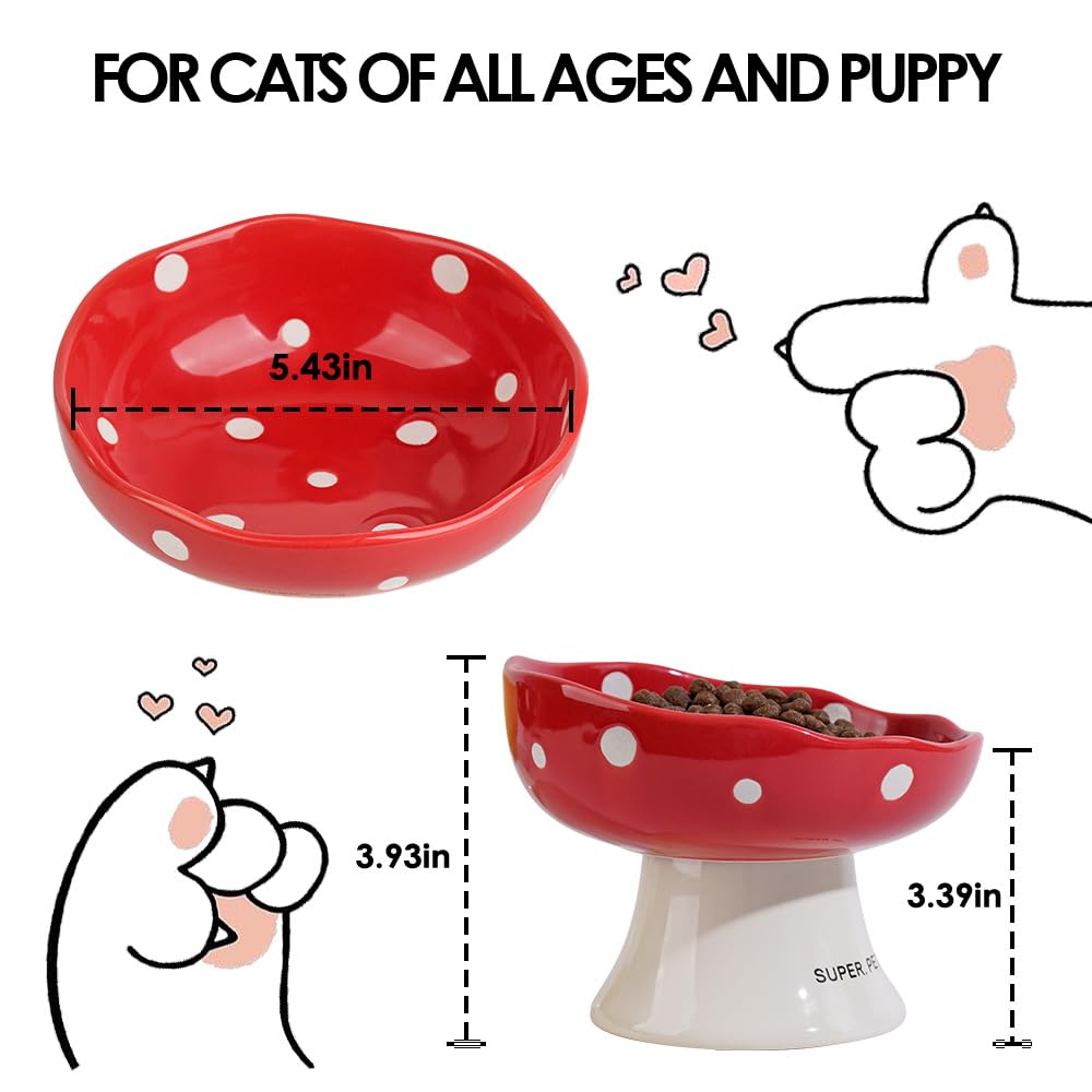 Ceramic Elevated Mushroom Cat Bowls, Tilted Raised Pet Dish Anti Vomit Kitten Bowl for Indoor Cats, Whisker Friendly Pet Food and Water Bowl for Kitten, Cat, Puppies, Dishwasher Safe (Red)