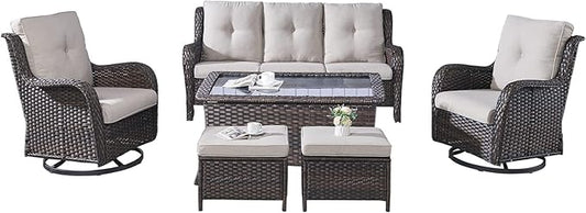 Rilyson Wicker Patio Furniture Set - 6 Piece Rattan Outdoor Sectional Conversation Sets with 2 Swivel Rocking Chairs,2 Ottomans,1 Sofa and 1 Coffee Table for Porch Deck Garden(Brown/Beige)
