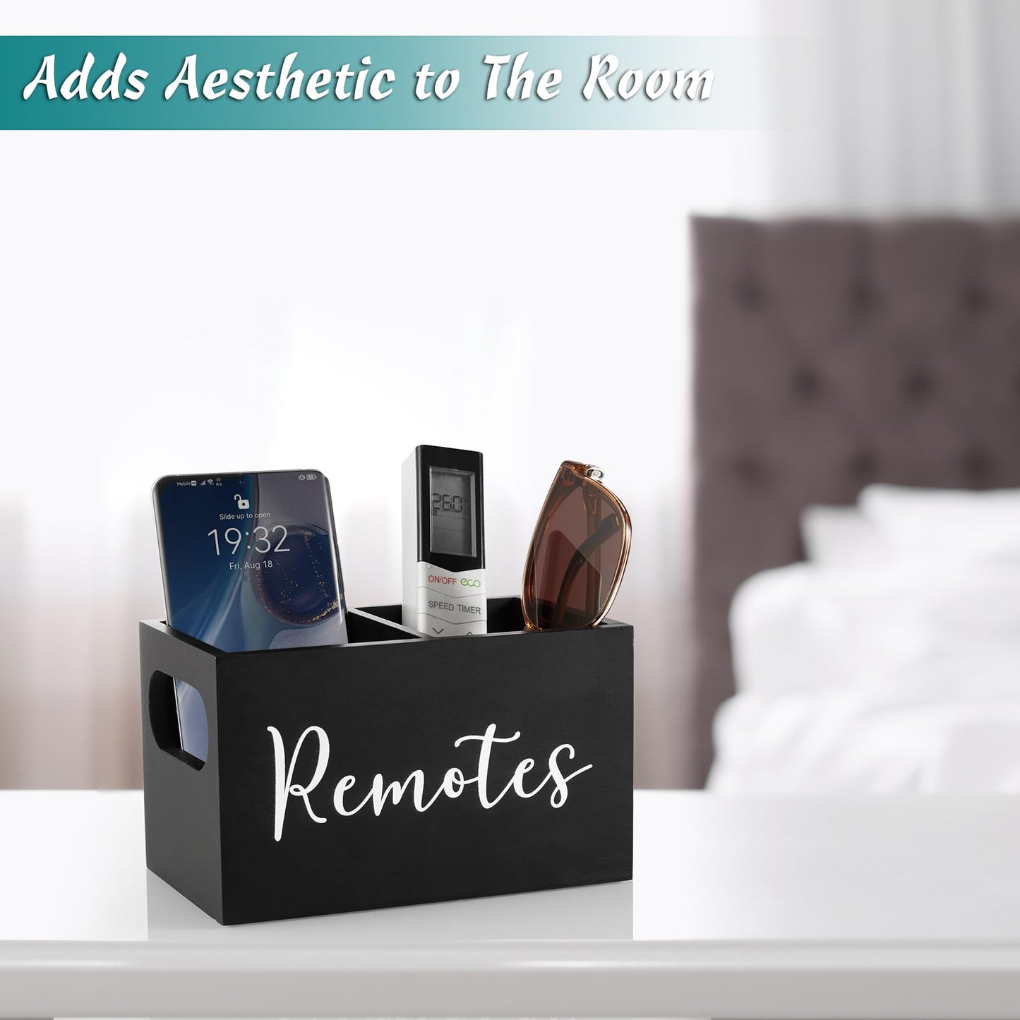 DRASTAR Remote Control Holder, TV Remote Holder, Remote Organizer Caddy for Table, Wooden Remote Box for Nightstand, Black Remote Caddy with 2 Slots