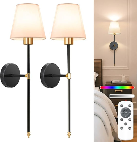 NIORSUN Battery Operated Wall Sconce Set of 2,Gold-Black Rechargeable Wall Lights with 5200mAh Dimmable Bulbs and Remote,9 Colors Wireless Wall Lamps for Bedroom Living Room Hallway Decor
