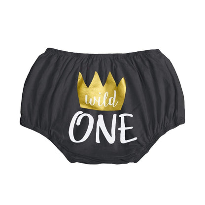 IMEKIS Baby Boys First 1st Birthday Cake Smash Outfit Wild ONE Bloomers Diaper Cover + Suspenders + Bowtie + Headband for Photo Props Party Costume Black Crown Wild One 6-12 Months