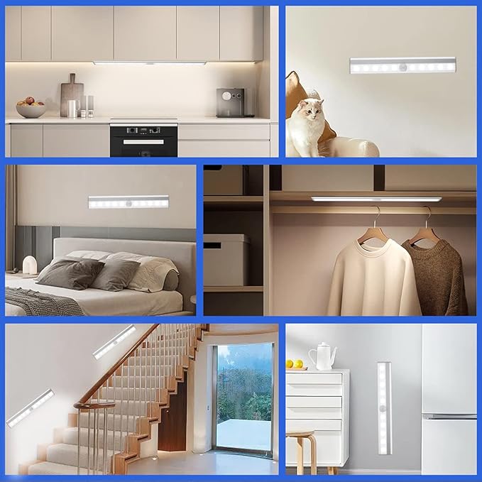 LED Closet Light, 10 LEDs Dimmer USB Rechargeable Motion Sensor Light Under Cabinet Lighting, Wireless Stick-Anywhere Night Safe Light Bar for Wardrobe,Kitchen