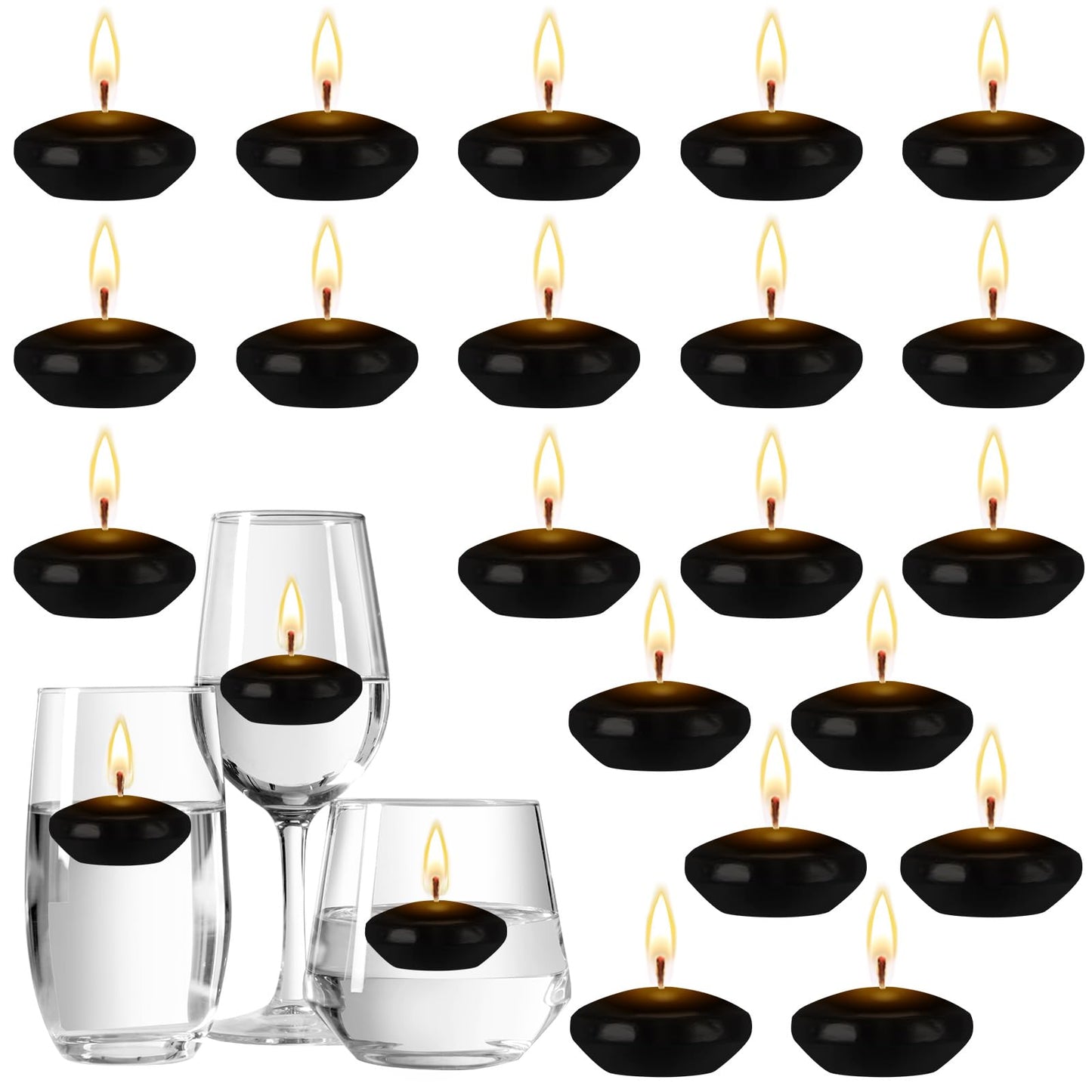 Nuanchu 20 Pcs Halloween Black Floating Candles Centerpieces for Wedding 1.5 Inch Small Unscented Floating Candles Decoration for Wedding Party Thanksgiving Christmas Holiday and Home Pool Decor