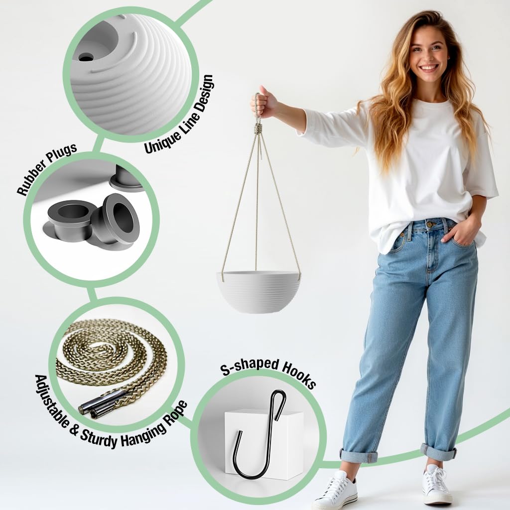 Asnext Line Pattern 10 Inch Hanging Planter for Indoor Outdoor Plants, 2 Pack Round Hanging Pots for Plants (White)