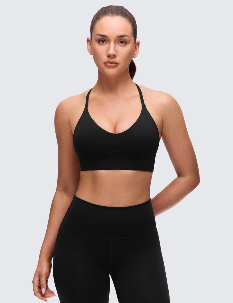 CRZ YOGA Butterluxe Thin Straps Cross Back Longline Sports Bras for Women - Padded V Neck Yoga Crop Top Black Large