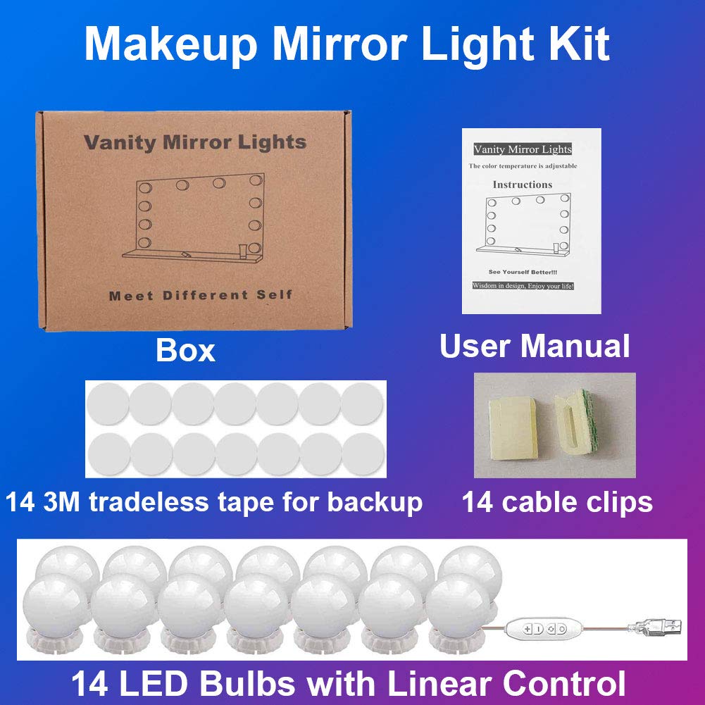 Hollywood Style Mirror Lights Kit DIY, LED Vanity Makeup Lamp 14 Globe Bulbs Dimmable Stick on to Mirror USB with 3 Light Colors & 10 Brightness Levels for Dressing Table Room, Bathroom, Bedroom