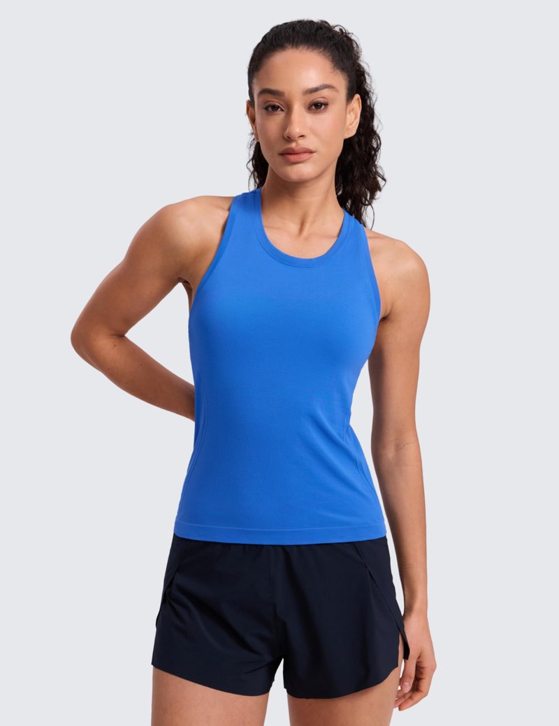 CRZ YOGA Seamless Womens Breathable Workout Tank Tops Racerback High Neck Sleeveless Running Athletic Shirts Sparkle Blue Small